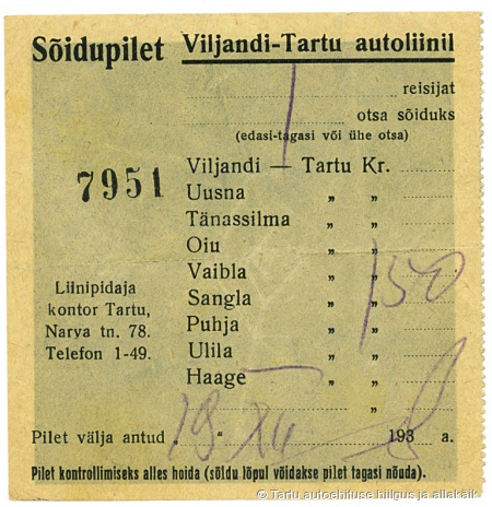 A. Koogi bussiettevõtte sõidupilet liinil Tartu-Oiu-Viljandi, 1938. a