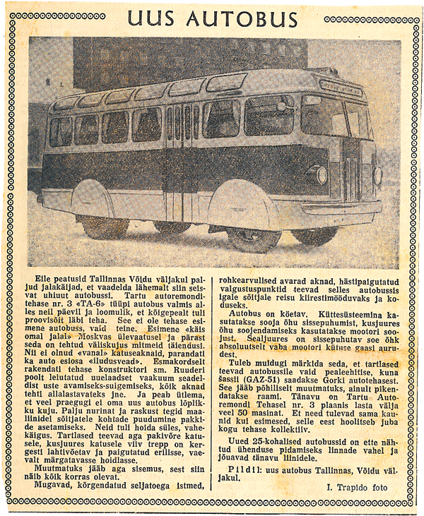 Uus autobuss TA-6 Tallinnas, Võidu väljakul. Teade ajalehest Edasi, 1956.